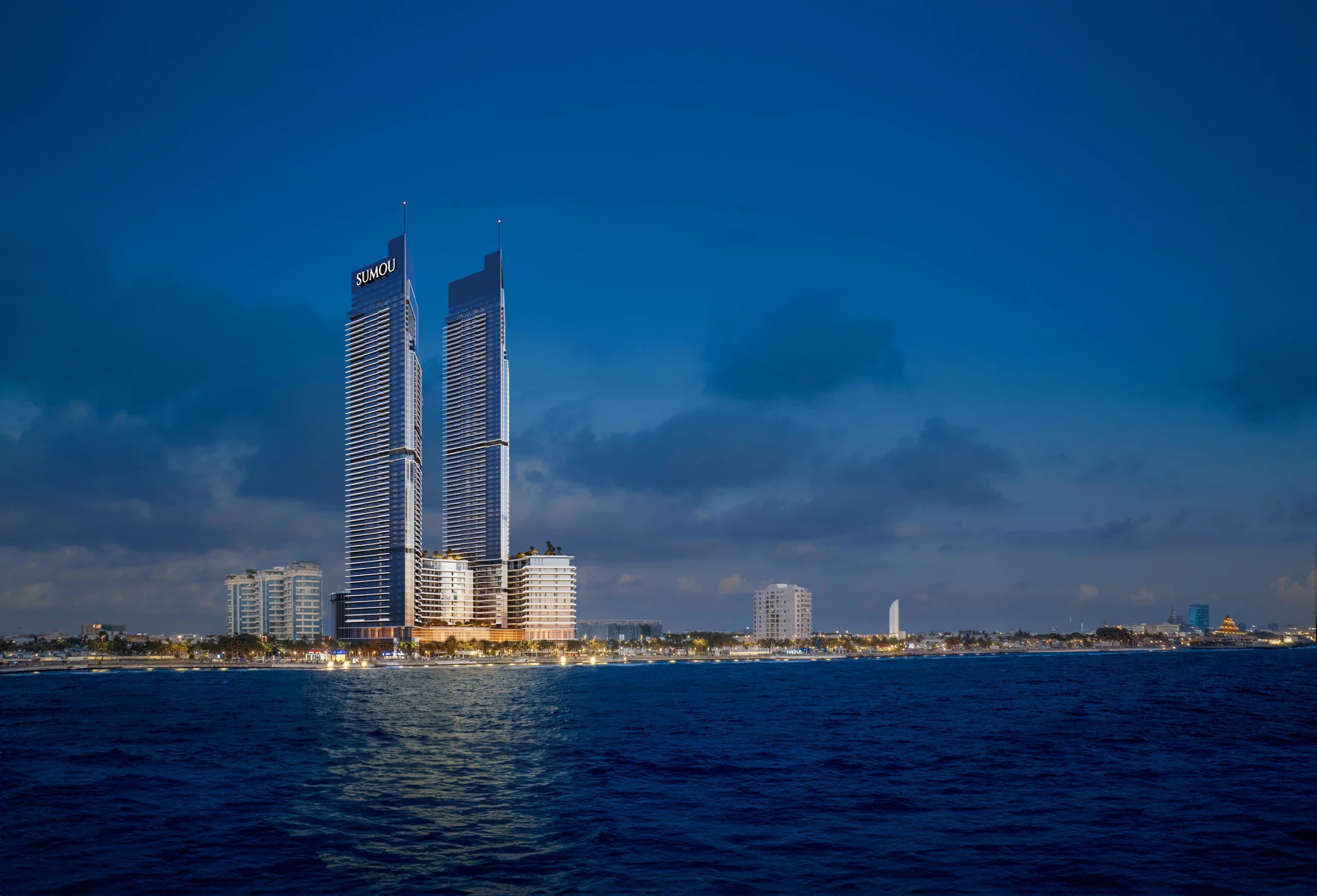 Sumou twin towers on the Jeddah waterfront at dusk