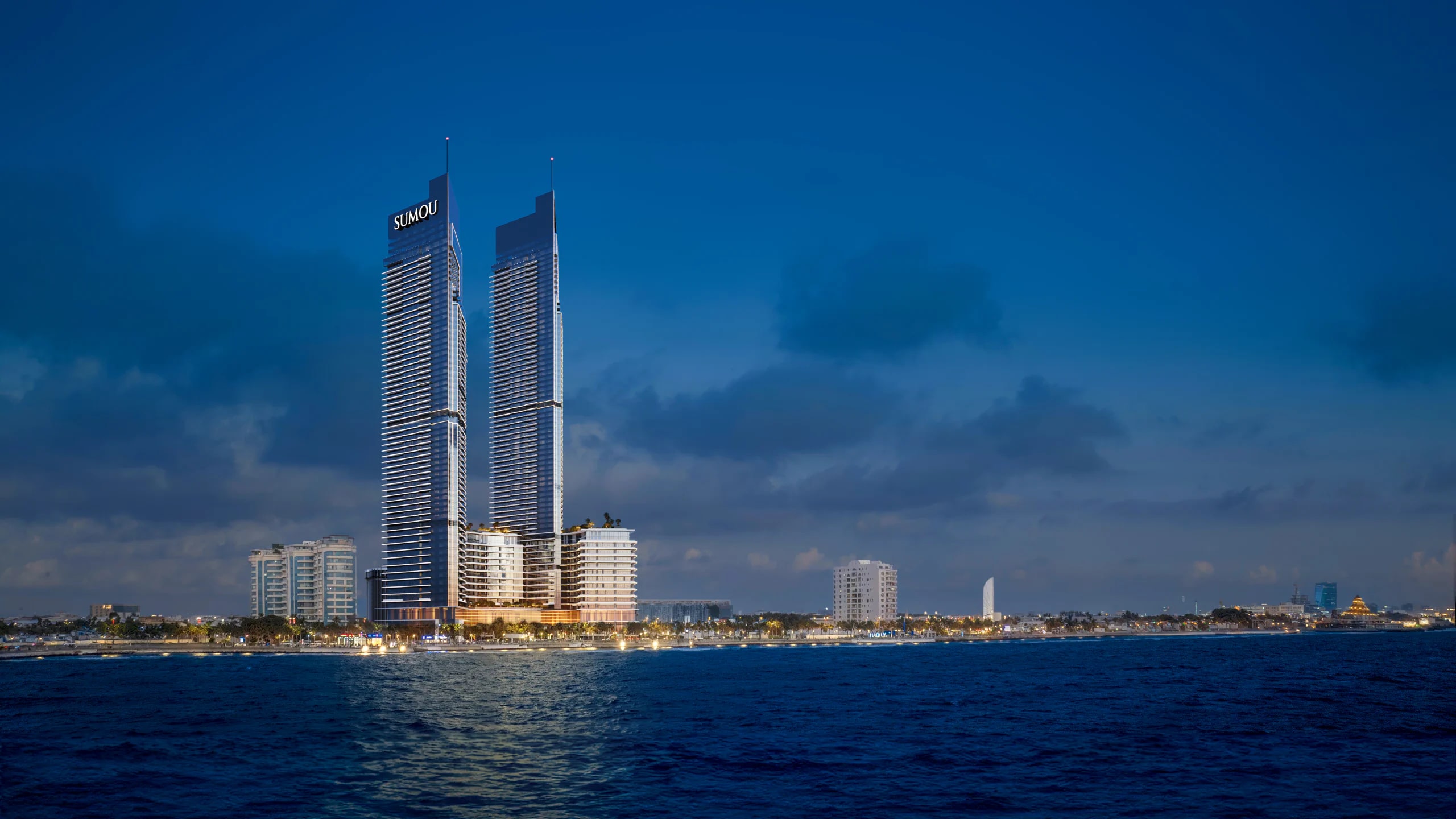 Sumou twin towers on the Jeddah waterfront at dusk